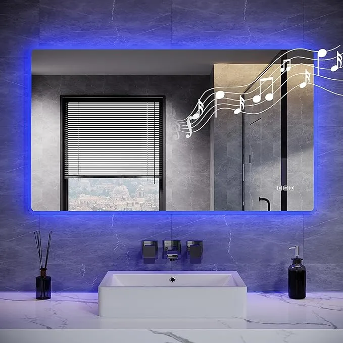 SONNI Badezimmer Spiegel mit Beleuchtung Wandspiegel, Kosmetikspiegel mit modernes Muster, 3 Farbe einstellbar, Steckdose und Antibeschlag, horizontal oder vertikal montierbar