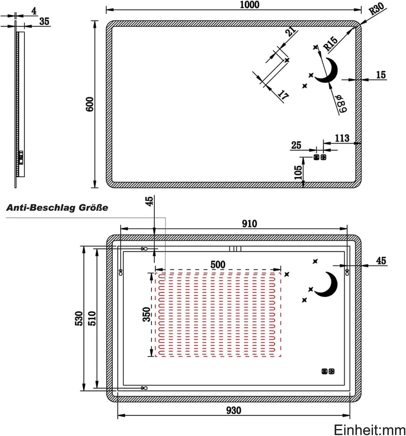 SONNI Badezimmer Spiegel mit Beleuchtung Wandspiegel, Kosmetikspiegel mit modernes Muster, 3 Farbe einstellbar, Steckdose und Antibeschlag, horizontal oder vertikal montierbar