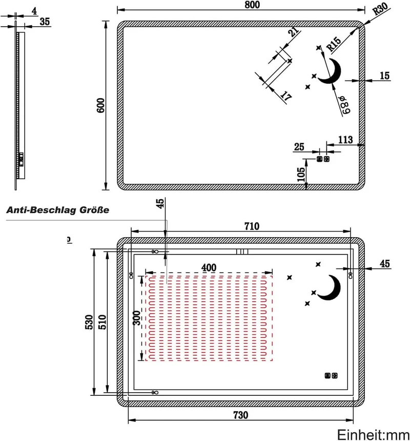 SONNI Badezimmer Spiegel mit Beleuchtung Wandspiegel, Kosmetikspiegel mit modernes Muster, 3 Farbe einstellbar, Steckdose und Antibeschlag, horizontal oder vertikal montierbar