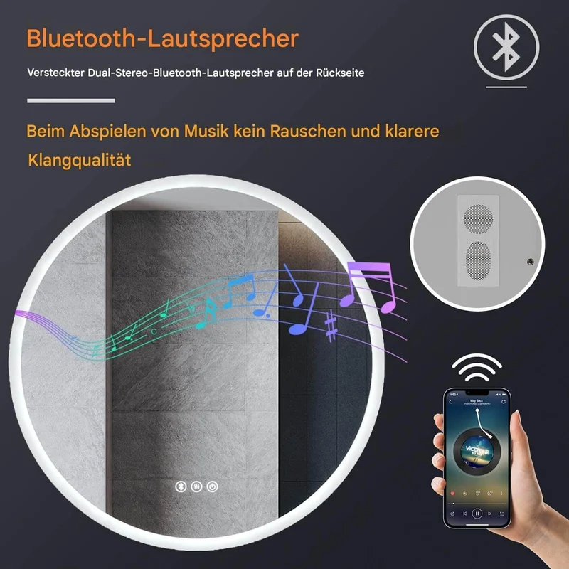 SONNI Badspiegel Runder mit Bluetooth Wandspiegel mit Beleuchtung, Spiegel Bad mit 3 einstellbare Farbtemperaturen und Anti-Beschlag, Kosmetikspiegel Rund