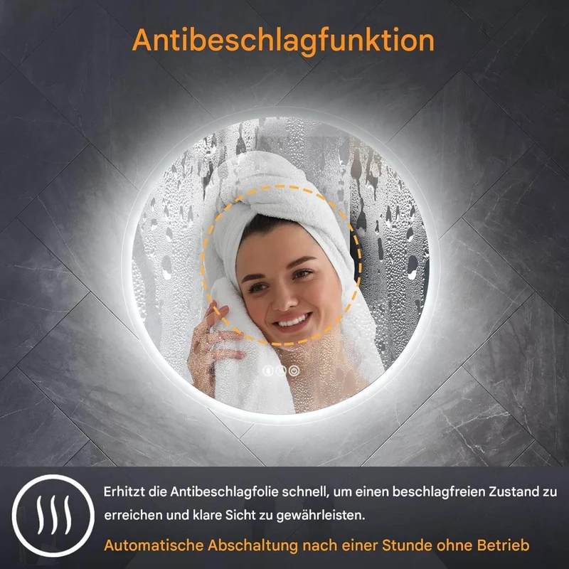 SONNI Badspiegel Runder mit Bluetooth Wandspiegel mit Beleuchtung, Spiegel Bad mit 3 einstellbare Farbtemperaturen und Anti-Beschlag, Kosmetikspiegel Rund