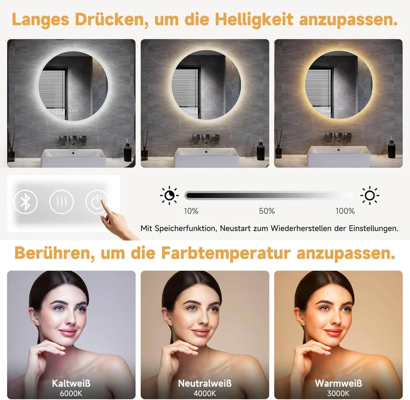 SONNI Badspiegel Runder mit Bluetooth Wandspiegel mit Beleuchtung, Spiegel Bad mit 3 einstellbare Farbtemperaturen und Anti-Beschlag, Kosmetikspiegel Rund