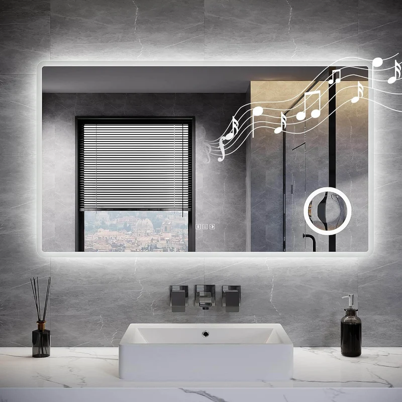 SONNI LED Badspiegel Wandspiegel Bad mit Beleuchtung, 3 Farbe modi+Stufenlose Dimmung, Steckdose, Bluetooth und 3X Lupe, Kosmetikspiegel mit Anti-Beschlag und Touch-Schalter