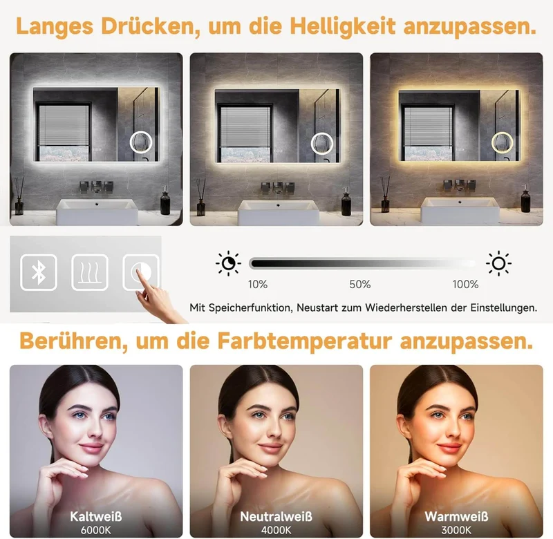 SONNI LED Badspiegel Wandspiegel Bad mit Beleuchtung, 3 Farbe modi+Stufenlose Dimmung, Steckdose, Bluetooth und 3X Lupe, Kosmetikspiegel mit Anti-Beschlag und Touch-Schalter