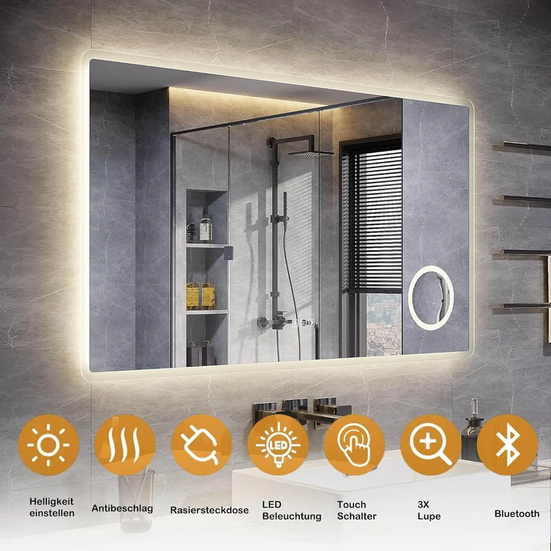 SONNI LED Badspiegel Wandspiegel Bad mit Beleuchtung, 3 Farbe modi+Stufenlose Dimmung, Steckdose, Bluetooth und 3X Lupe, Kosmetikspiegel mit Anti-Beschlag und Touch-Schalter