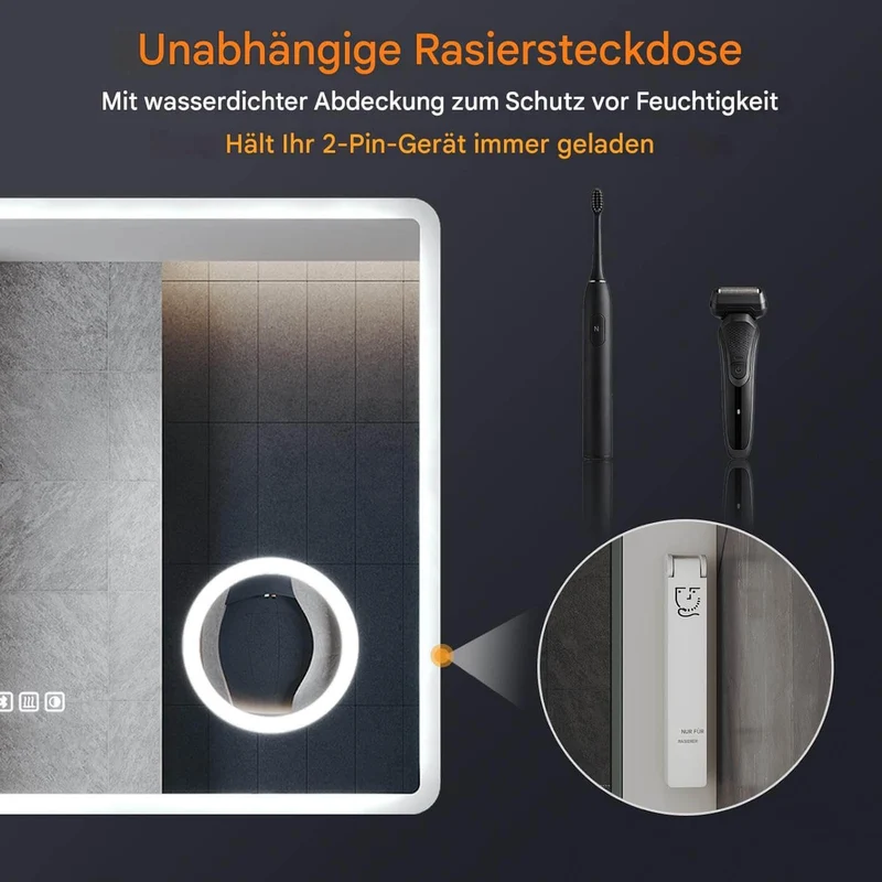 SONNI LED Badspiegel Wandspiegel Bad mit Beleuchtung, 3 Farbe modi+Stufenlose Dimmung, Steckdose, Bluetooth und 3X Lupe, Kosmetikspiegel mit Anti-Beschlag und Touch-Schalter
