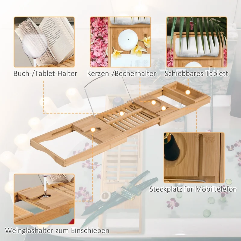 HOMCOM - Badewannenablage, Badewannenablage holz, Verstellbar 70-105cm Ablage für Badewanne, Badewannenbrücke, Wannenauflage, Bambus Natur