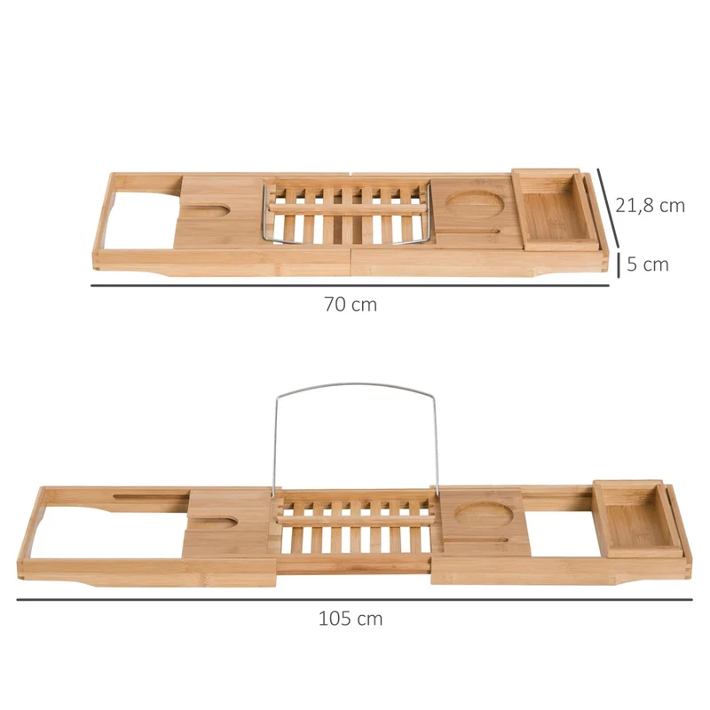 HOMCOM - Badewannenablage, Badewannenablage holz, Verstellbar 70-105cm Ablage für Badewanne, Badewannenbrücke, Wannenauflage, Bambus Natur