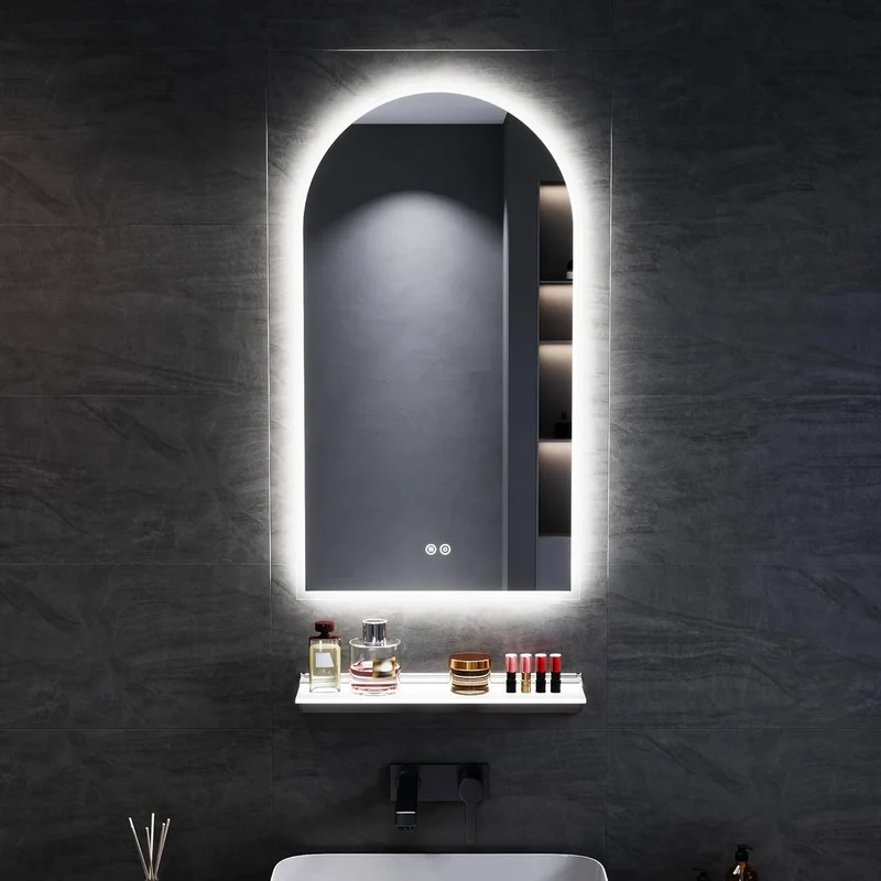 SONNI Badezimmerspiegel mit Beleuchtung Bogen LED Badspiegel mit Steckdose + Touch-Bedienung + Anti-Beschlag + 3 Farben, Dimmbar & Stromausfallgedächtnis