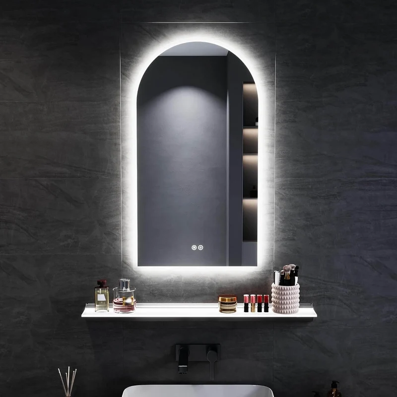 SONNI Badezimmerspiegel mit Beleuchtung Bogen LED Badspiegel mit Steckdose + Touch-Bedienung + Anti-Beschlag + 3 Farben, Dimmbar & Stromausfallgedächtnis