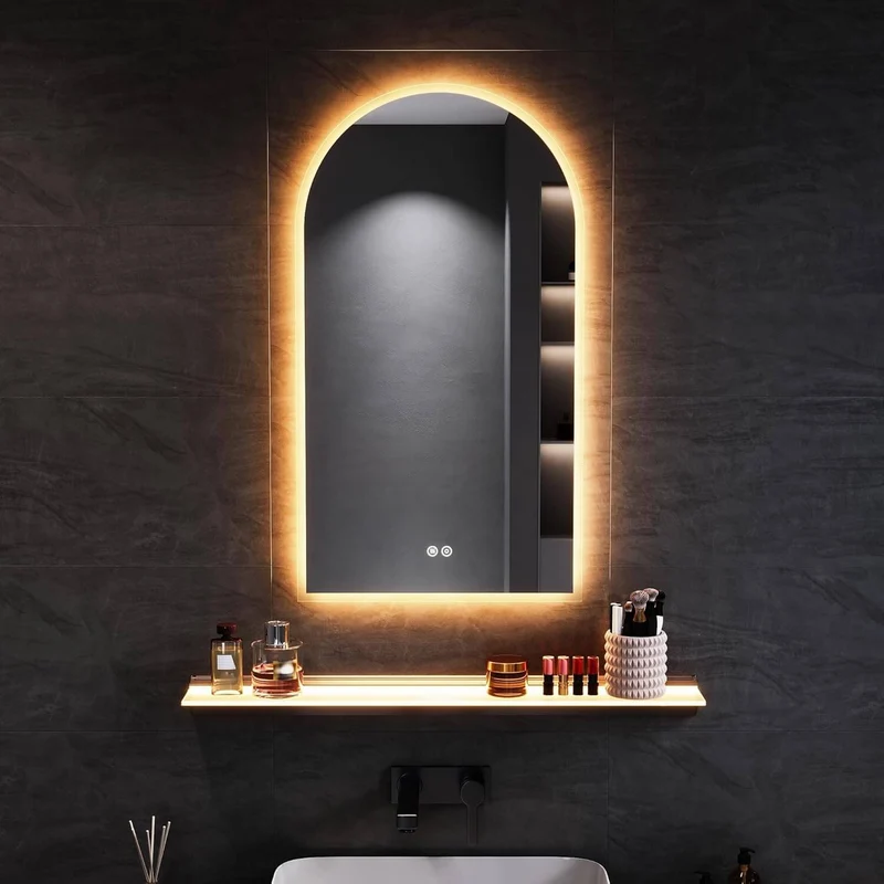 SONNI Badezimmerspiegel mit Beleuchtung Bogen LED Badspiegel mit Steckdose + Touch-Bedienung + Anti-Beschlag + 3 Farben, Dimmbar & Stromausfallgedächtnis