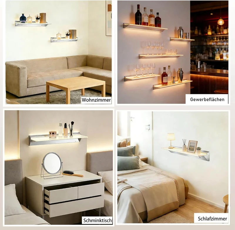 SONNI LED Wandregale 50cm Glasboden Regal mit LED-Beleuchtung für Wohnzimmer, Bar, Eingang Lagerregal aus Aluminium und 8 mm abnehmbares Glas, 3 Farbe modi, sensorgesteuert