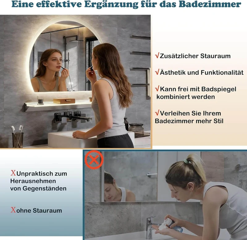 SONNI LED Wandregale 50cm Glasboden Regal mit LED-Beleuchtung für Wohnzimmer, Bar, Eingang Lagerregal aus Aluminium und 8 mm abnehmbares Glas, 3 Farbe modi, sensorgesteuert