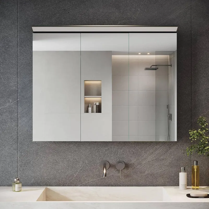 SONNI Spiegelschrank Bad mit Beleuchtung 80 x 60 cm, Edelstahl Medizinschrank IP44 Wasserciht, Spiegelleuchte mit Kaltweißem Licht und Wandschalter für Badezimmer