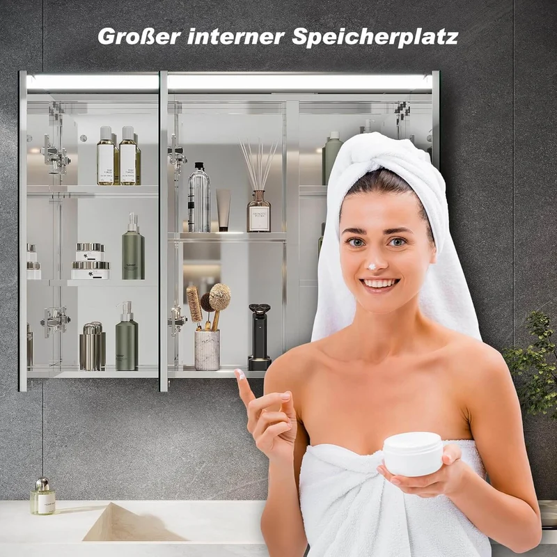 SONNI Spiegelschrank Bad mit Beleuchtung 80 x 60 cm, Edelstahl Medizinschrank IP44 Wasserciht, Spiegelleuchte mit Kaltweißem Licht und Wandschalter für Badezimmer