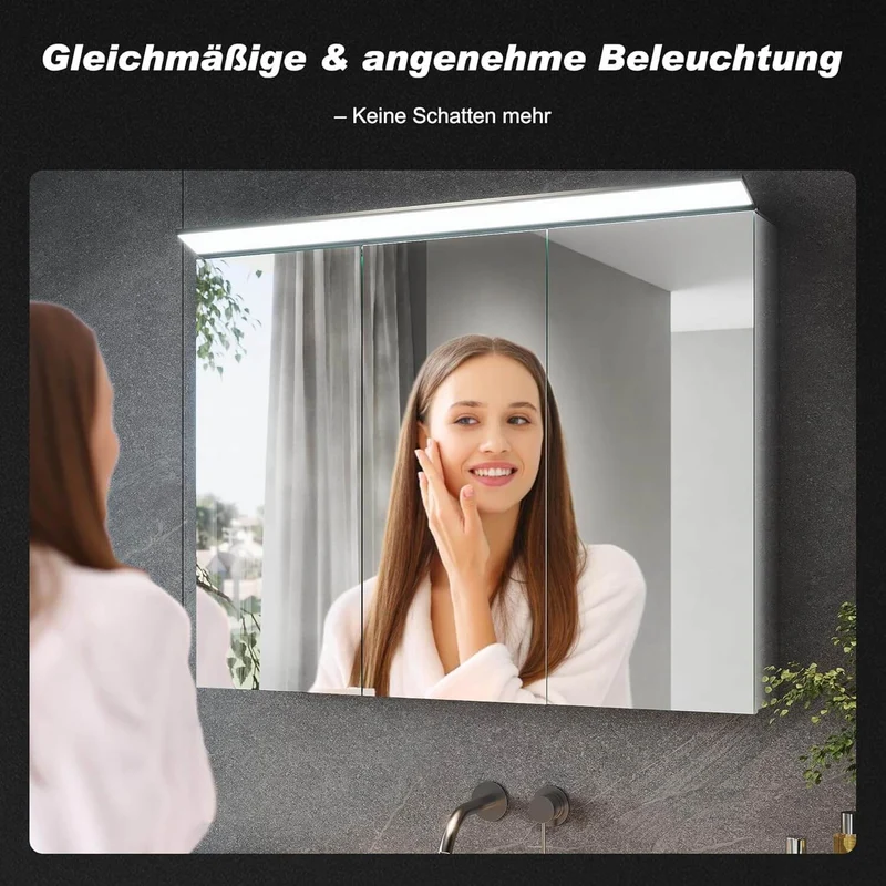 SONNI Spiegelschrank Bad mit Beleuchtung 80 x 60 cm, Edelstahl Medizinschrank IP44 Wasserciht, Spiegelleuchte mit Kaltweißem Licht und Wandschalter für Badezimmer