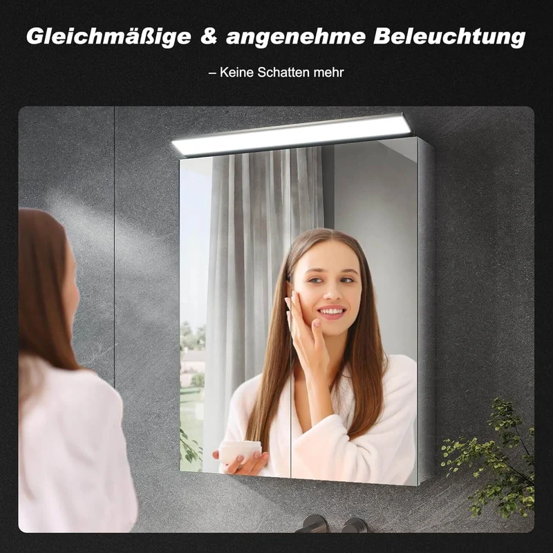 SONNI Spiegelschrank Bad mit Beleuchtung 52 x 65 cm, Edelstahl Medizinschrank IP44 Wasserciht, Spiegelleuchte mit Kaltweißem Licht und Wandschalter für Badezimmer