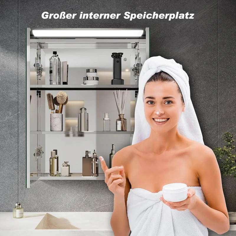 SONNI Spiegelschrank Bad mit Beleuchtung 52 x 65 cm, Edelstahl Medizinschrank IP44 Wasserciht, Spiegelleuchte mit Kaltweißem Licht und Wandschalter für Badezimmer