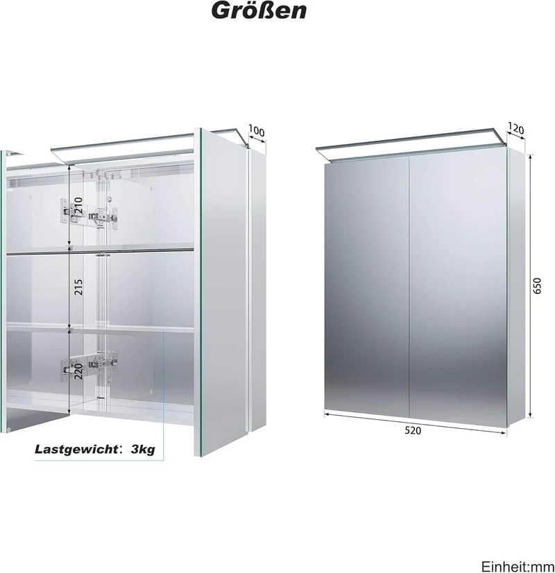 SONNI Spiegelschrank Bad mit Beleuchtung 52 x 65 cm, Edelstahl Medizinschrank IP44 Wasserciht, Spiegelleuchte mit Kaltweißem Licht und Wandschalter für Badezimmer