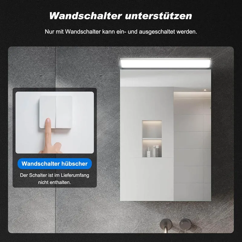 SONNI Spiegelschrank Bad mit Beleuchtung, Edelstahl Medizinschrank IP44 Wasserciht, Spiegelleuchte mit Kaltweißem Licht und Wandschalter für Badezimmer 36 x 52 cm