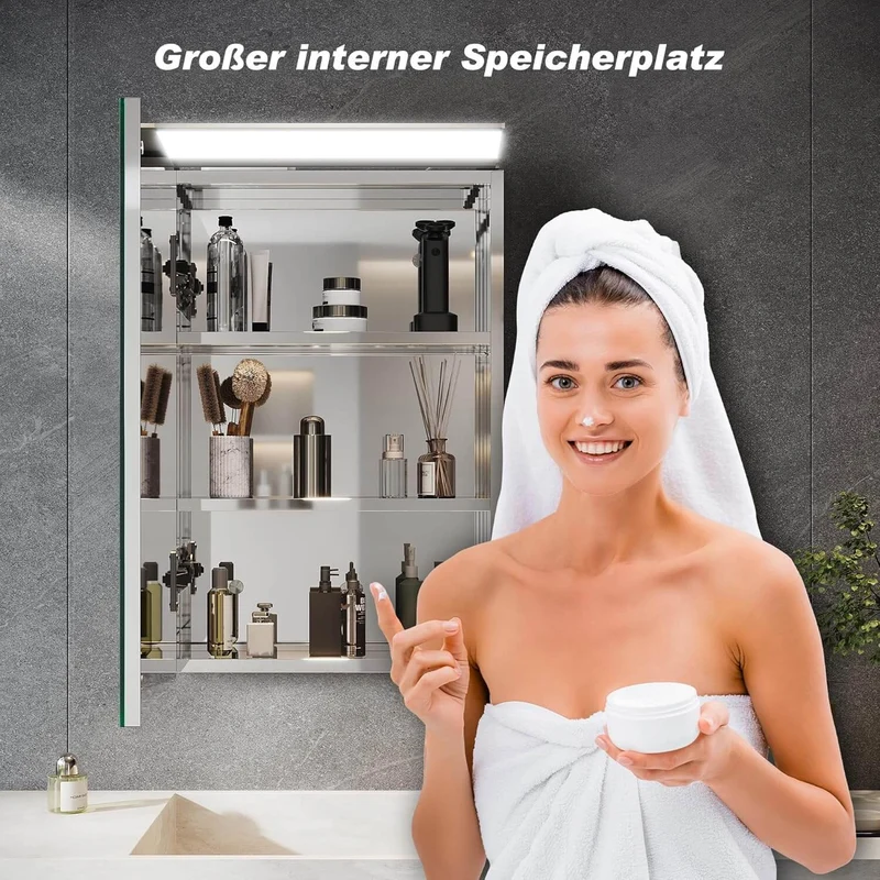 SONNI Spiegelschrank Bad mit Beleuchtung, Edelstahl Medizinschrank IP44 Wasserciht, Spiegelleuchte mit Kaltweißem Licht und Wandschalter für Badezimmer 36 x 52 cm
