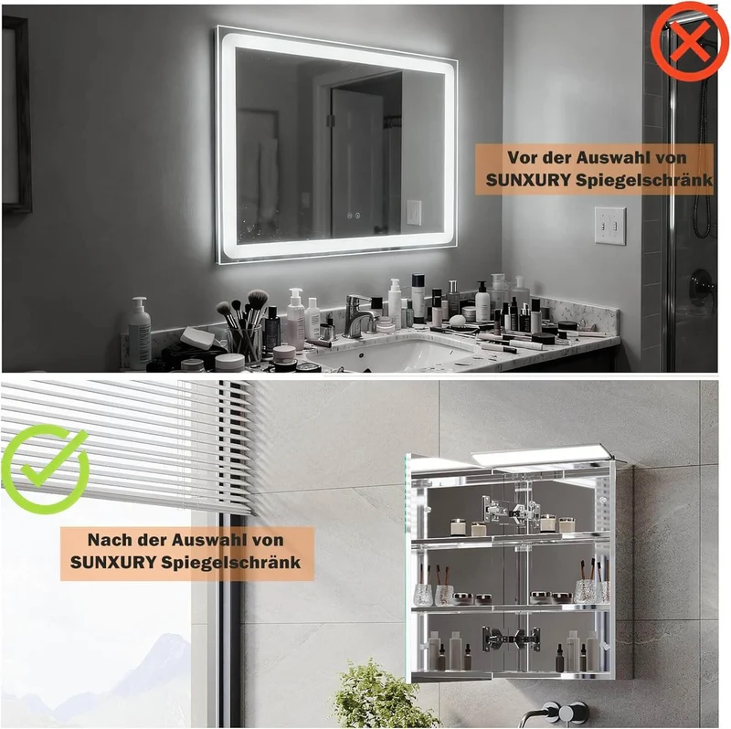SONNI Spiegelschrank Bad mit Beleuchtung, Edelstahl Medizinschrank IP44 Wasserciht, Spiegelleuchte mit Kaltweißem Licht und Wandschalter für Badezimmer 36 x 52 cm