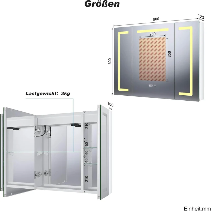 SONNI LED Spiegelschrank Bad mit Bluetooth 80x60 cm, 3 Türen Spiegelschrank mit Anti-Beschlag, Steckdose, 3 Lichtfarben, Dimmbar, Aluminum, IP44 Wasserciht