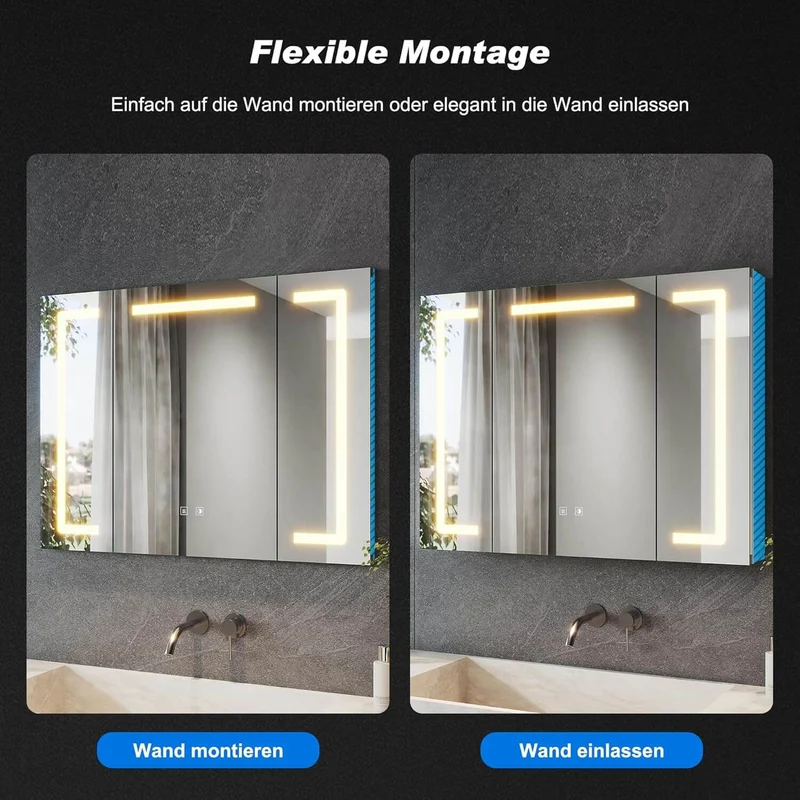 SONNI Spiegelschrank mit Beleuchtung 80x60 cm, 3 Türen LED Spiegelschrank Bad mit Anti-Beschlag, Steckdose, 3 Lichtfarben, Dimmbar, Aluminum, IP44 Wasserciht