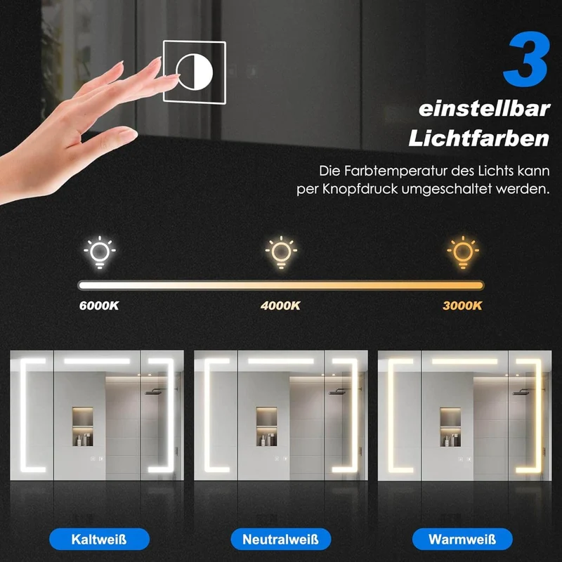 SONNI Spiegelschrank mit Beleuchtung 80x60 cm, 3 Türen LED Spiegelschrank Bad mit Anti-Beschlag, Steckdose, 3 Lichtfarben, Dimmbar, Aluminum, IP44 Wasserciht