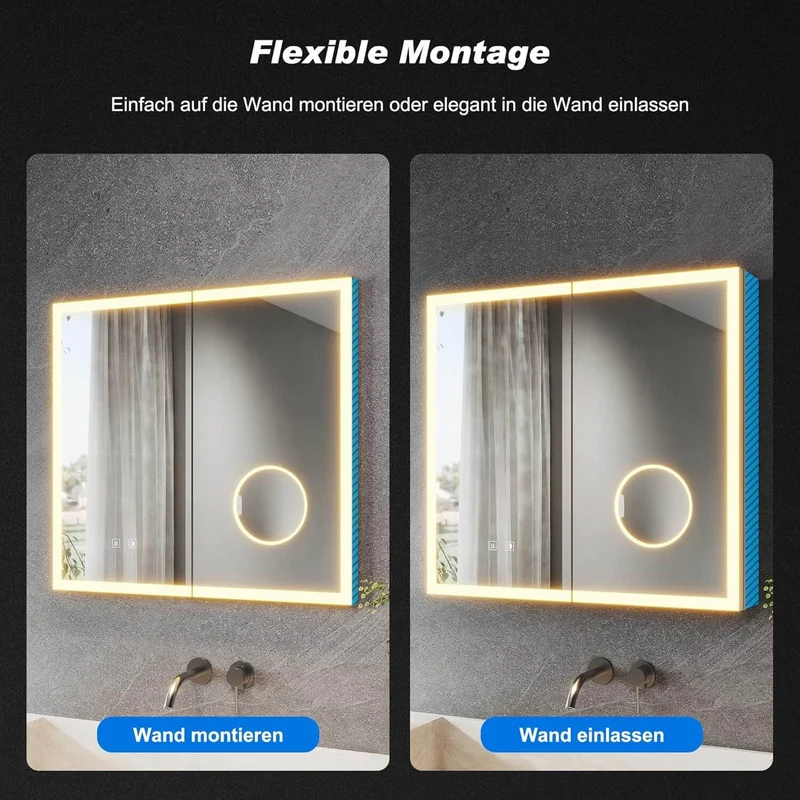 SONNI LED Spiegelschrank Bad mit 3-fache Vergrößerungsspiegel und Steckdose 65 x 60 cm, Aluminum Spiegelschrank mit Touch-Schalter, 3 Lichtfarben + Defogging, IP44 wasserciht