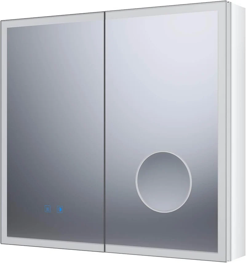 SONNI LED Spiegelschrank Bad mit 3-fache Vergrößerungsspiegel und Steckdose 65 x 60 cm, Aluminum Spiegelschrank mit Touch-Schalter, 3 Lichtfarben + Defogging, IP44 wasserciht