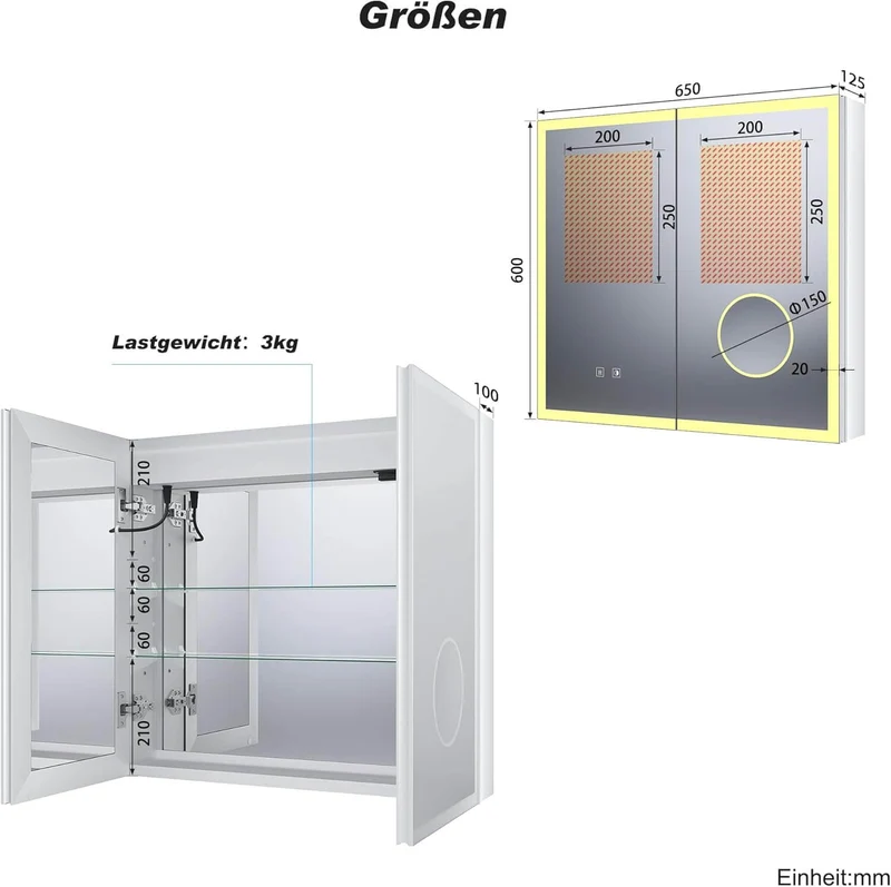 SONNI LED Spiegelschrank Bad mit 3-fache Vergrößerungsspiegel und Steckdose 65 x 60 cm, Aluminum Spiegelschrank mit Touch-Schalter, 3 Lichtfarben + Defogging, IP44 wasserciht