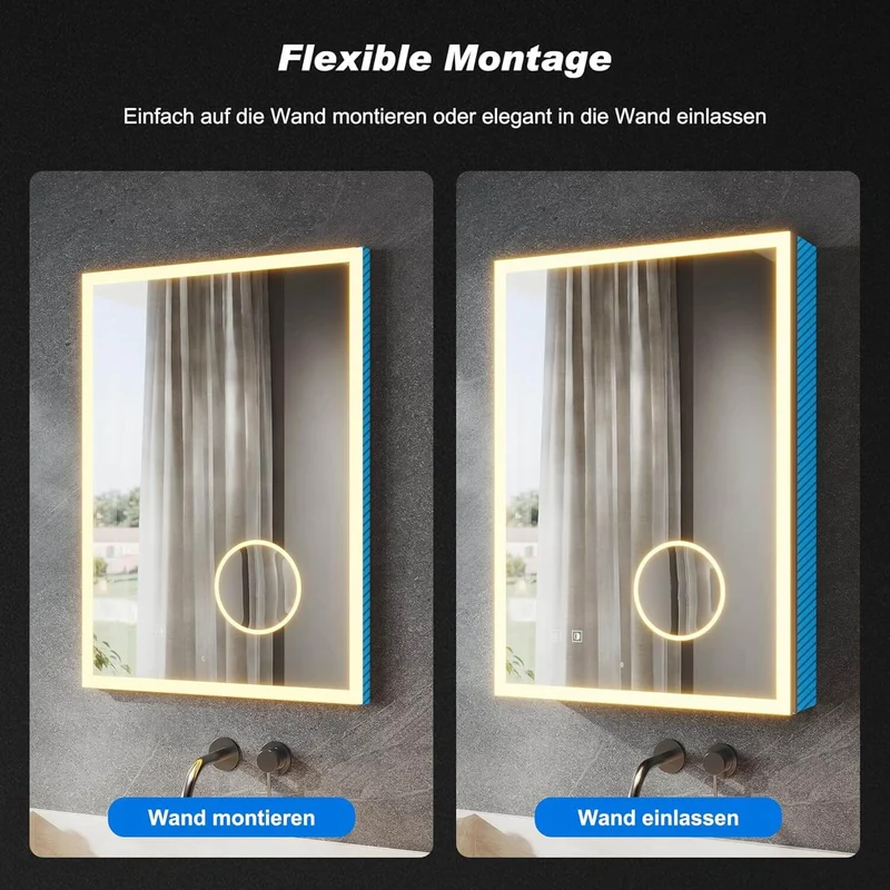 SONNI LED Spiegelschrank Bad mit 3-fache Vergrößerungsspiegel und Steckdose 70 x 50 cm, Aluminum Spiegelschrank mit Touch-Schalter, 3 Lichtfarben + Defogging, IP44 wasserciht