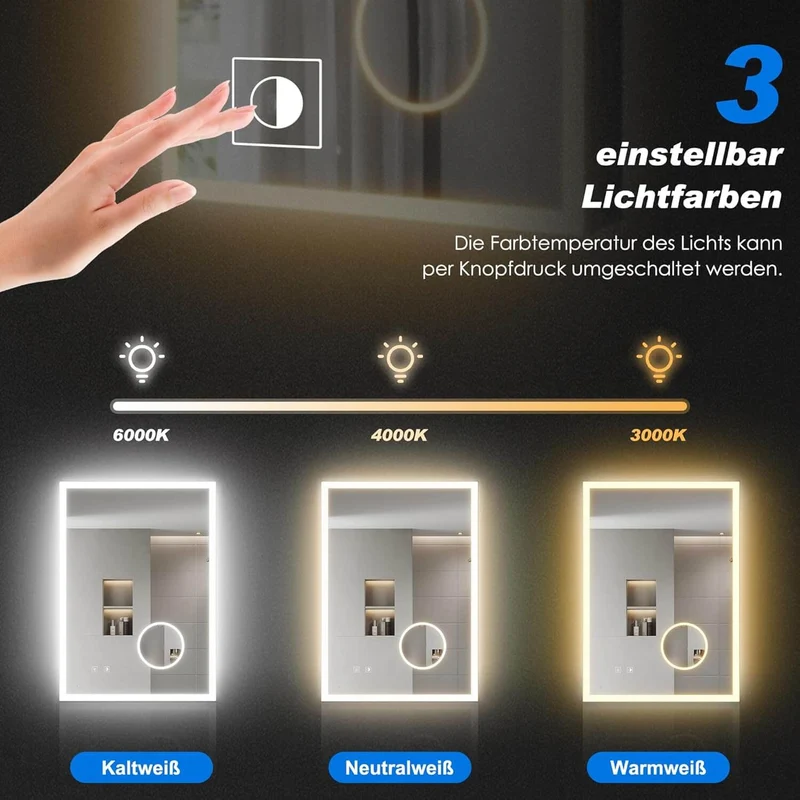 SONNI LED Spiegelschrank Bad mit 3-fache Vergrößerungsspiegel und Steckdose 70 x 50 cm, Aluminum Spiegelschrank mit Touch-Schalter, 3 Lichtfarben + Defogging, IP44 wasserciht