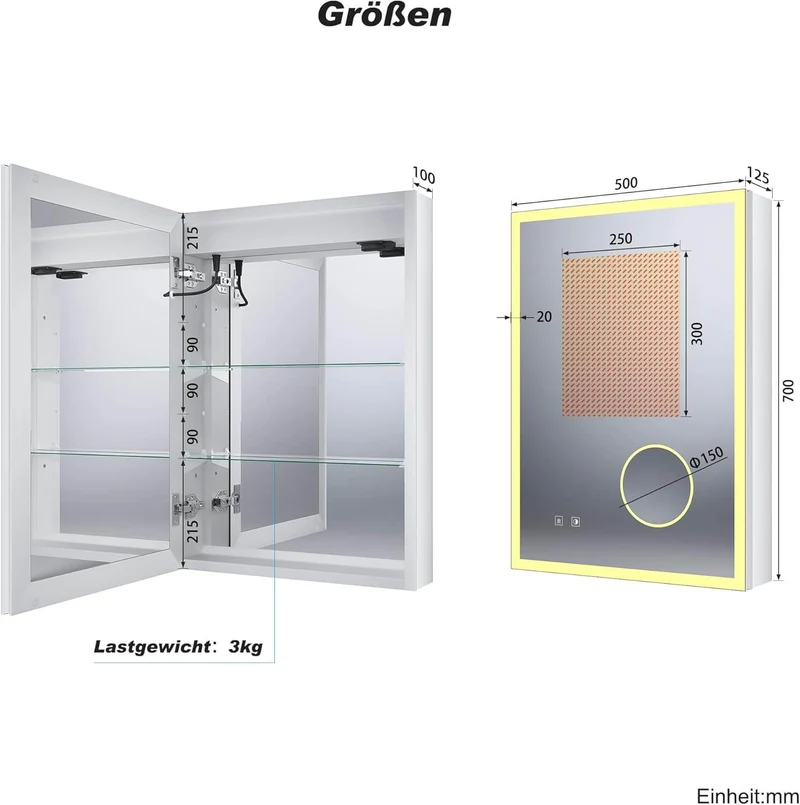 SONNI LED Spiegelschrank Bad mit 3-fache Vergrößerungsspiegel und Steckdose 70 x 50 cm, Aluminum Spiegelschrank mit Touch-Schalter, 3 Lichtfarben + Defogging, IP44 wasserciht