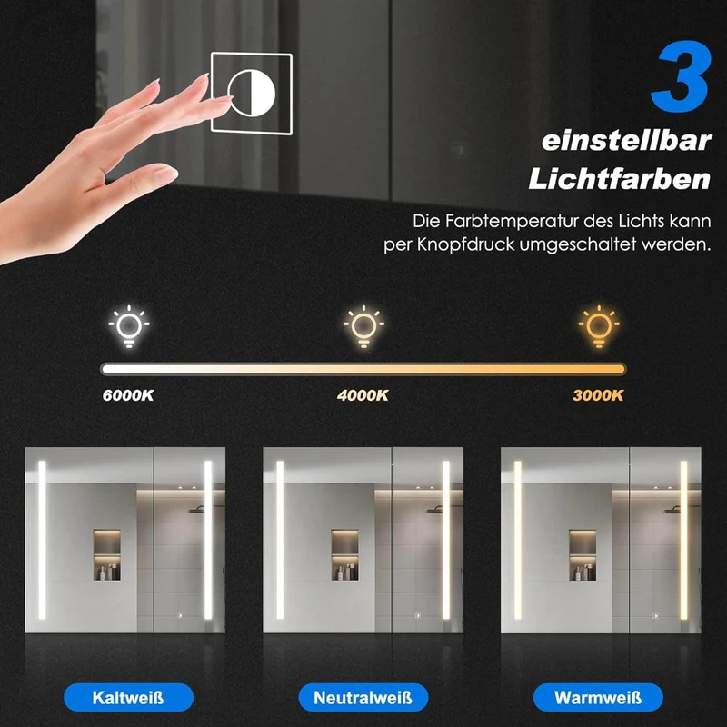 SONNI Spiegelschrank Bad mit Beleuchtung und Make-up Ablage 70x65 cm, Steckdose & 3-fache Vergrößerungsspiegel, 3 Lichtfarben, Dimmbar - Dunkelgrau