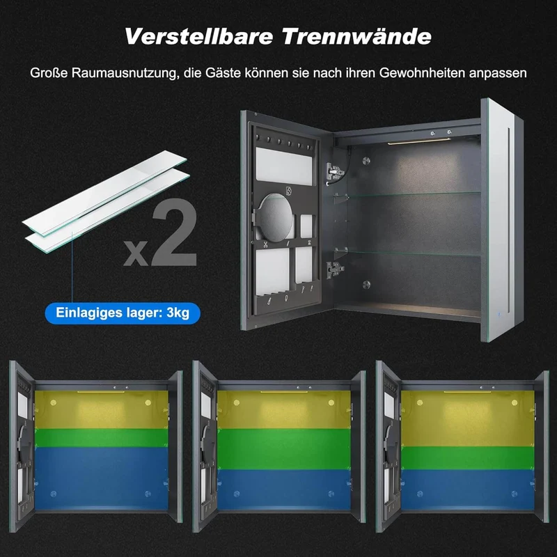 SONNI Spiegelschrank Bad mit Beleuchtung und Make-up Ablage 70x65 cm, Steckdose & 3-fache Vergrößerungsspiegel, 3 Lichtfarben, Dimmbar - Dunkelgrau