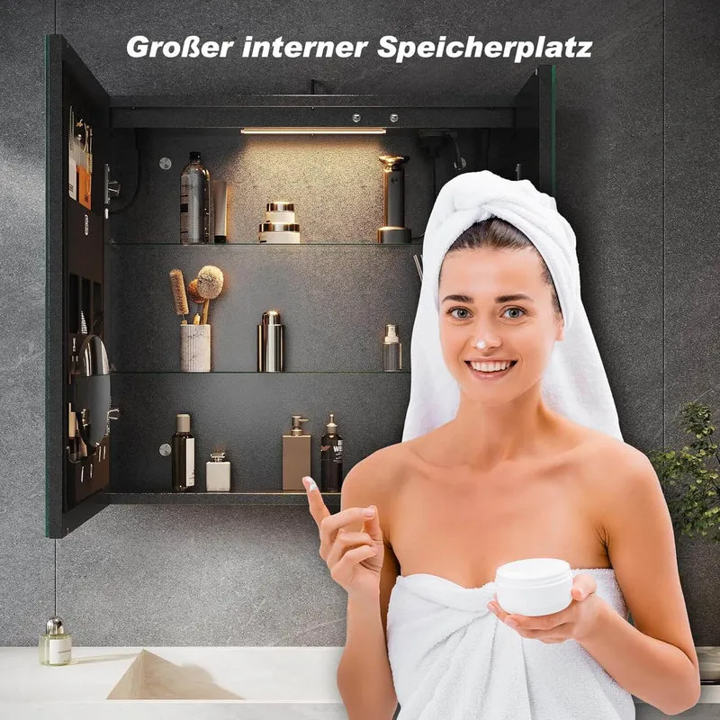 SONNI Spiegelschrank Bad mit Beleuchtung und Make-up Ablage 70x65 cm, Steckdose & 3-fache Vergrößerungsspiegel, 3 Lichtfarben, Dimmbar - Dunkelgrau