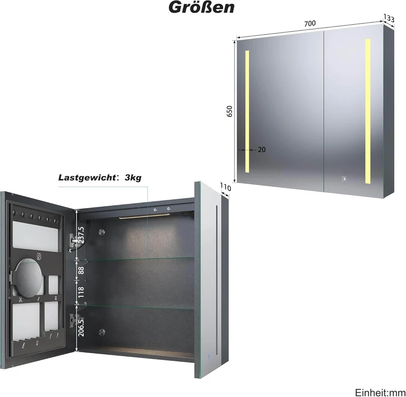 SONNI Spiegelschrank Bad mit Beleuchtung und Make-up Ablage 70x65 cm, Steckdose & 3-fache Vergrößerungsspiegel, 3 Lichtfarben, Dimmbar - Dunkelgrau