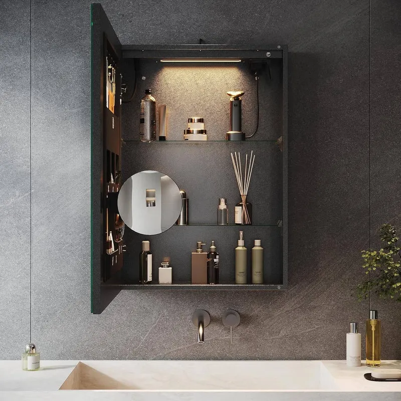 SONNI LED Spiegelschrank mit Kosmetik-Organizer 50x70 cm, Steckdose & 3-fache Vergrößerungsspiegel, 3 Lichtfarben, Dimmbar - Dunkelgrau