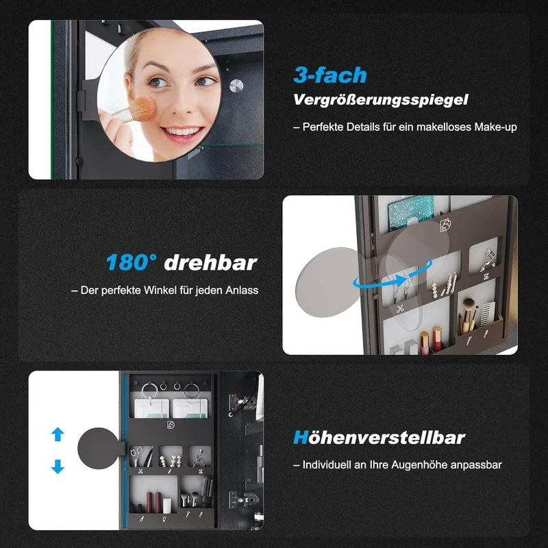 SONNI LED Spiegelschrank mit Kosmetik-Organizer 50x70 cm, Steckdose & 3-fache Vergrößerungsspiegel, 3 Lichtfarben, Dimmbar - Dunkelgrau