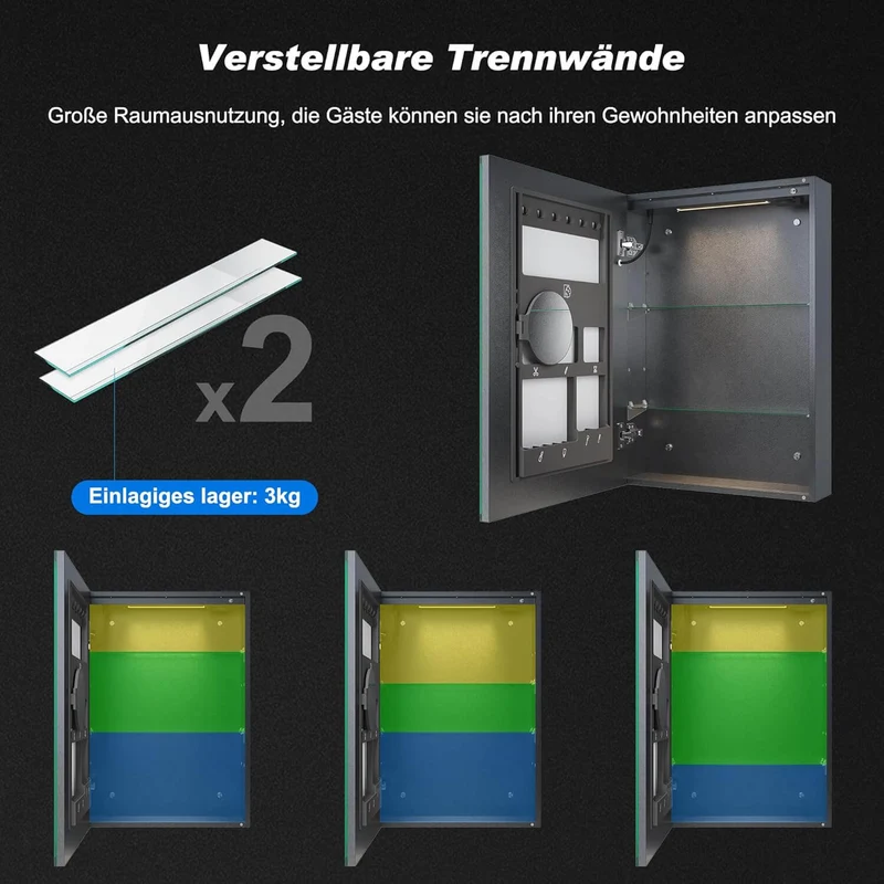 SONNI LED Spiegelschrank mit Kosmetik-Organizer 50x70 cm, Steckdose & 3-fache Vergrößerungsspiegel, 3 Lichtfarben, Dimmbar - Dunkelgrau