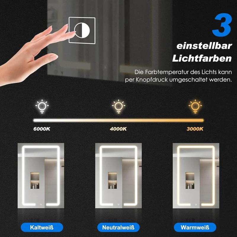SONNI LED Spiegelschrank mit Kosmetik-Organizer 50x70 cm, Steckdose & 3-fache Vergrößerungsspiegel, 3 Lichtfarben, Dimmbar - Dunkelgrau
