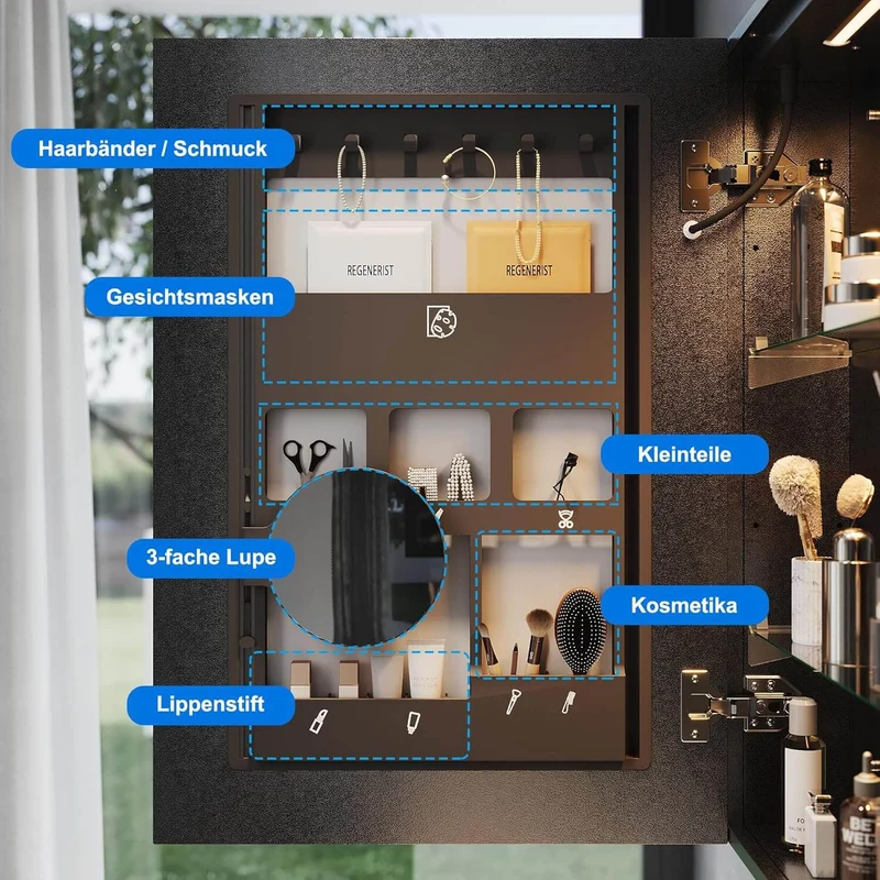 SONNI LED Spiegelschrank mit Kosmetik-Organizer 50x70 cm, Steckdose & 3-fache Vergrößerungsspiegel, 3 Lichtfarben, Dimmbar - Dunkelgrau