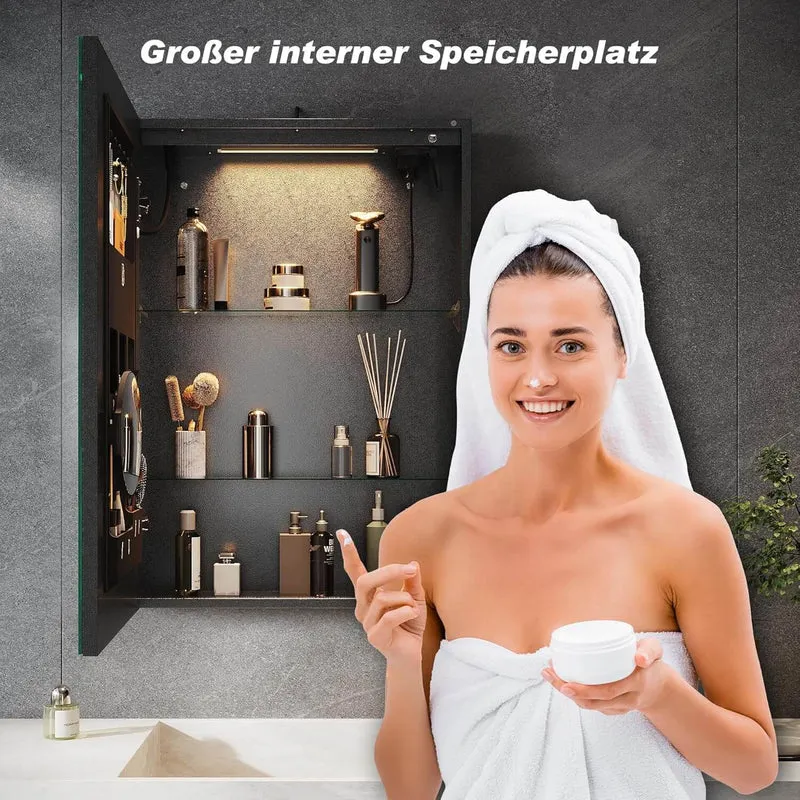 SONNI LED Spiegelschrank mit Kosmetik-Organizer 50x70 cm, Steckdose & 3-fache Vergrößerungsspiegel, 3 Lichtfarben, Dimmbar - Dunkelgrau
