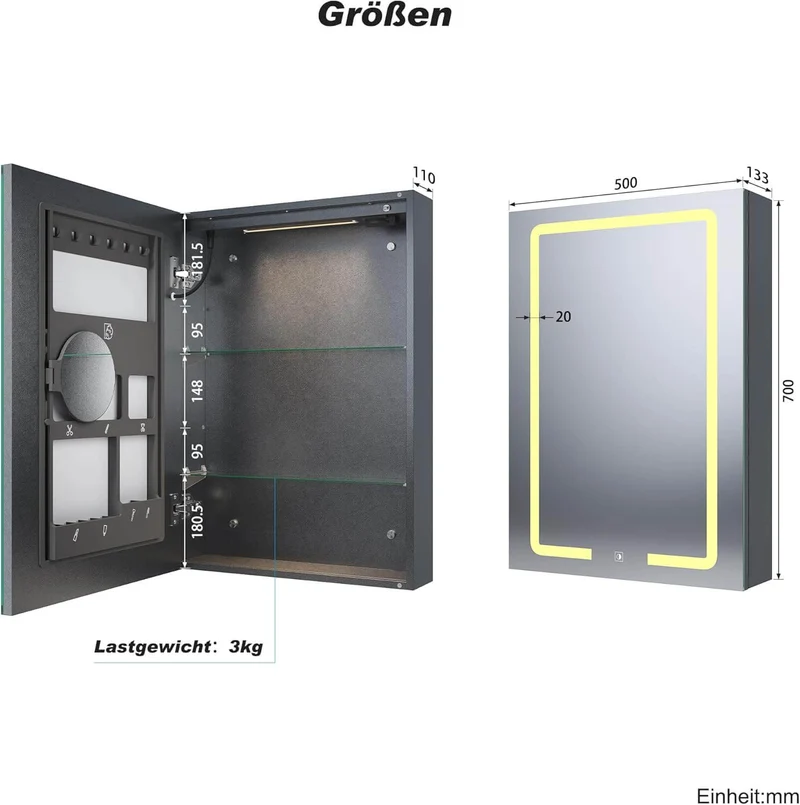 SONNI LED Spiegelschrank mit Kosmetik-Organizer 50x70 cm, Steckdose & 3-fache Vergrößerungsspiegel, 3 Lichtfarben, Dimmbar - Dunkelgrau