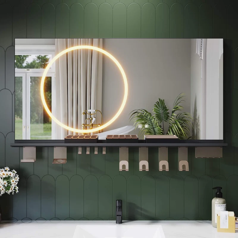 SONNI Badezimmerspiegel mit Beleuchtung 120x60 cm, LED Badspiegel mit Ablage, 3 einstellbare Lichtfarbe + Anti-Beschlag + Touchschalter, Ablage mit Handyhalter + Haken + Zahnbürstenhalte