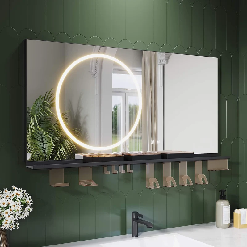 SONNI Badezimmerspiegel mit Beleuchtung 120x60 cm, LED Badspiegel mit Ablage, 3 einstellbare Lichtfarbe + Anti-Beschlag + Touchschalter, Ablage mit Handyhalter + Haken + Zahnbürstenhalte