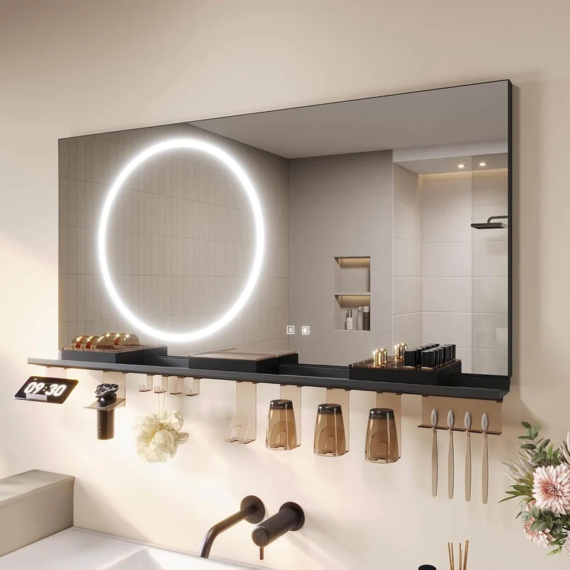 SONNI Badezimmerspiegel mit Beleuchtung 120x60 cm, LED Badspiegel mit Ablage, 3 einstellbare Lichtfarbe + Anti-Beschlag + Touchschalter, Ablage mit Handyhalter + Haken + Zahnbürstenhalte