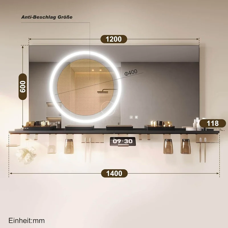 SONNI Badezimmerspiegel mit Beleuchtung 120x60 cm, LED Badspiegel mit Ablage, 3 einstellbare Lichtfarbe + Anti-Beschlag + Touchschalter, Ablage mit Handyhalter + Haken + Zahnbürstenhalte